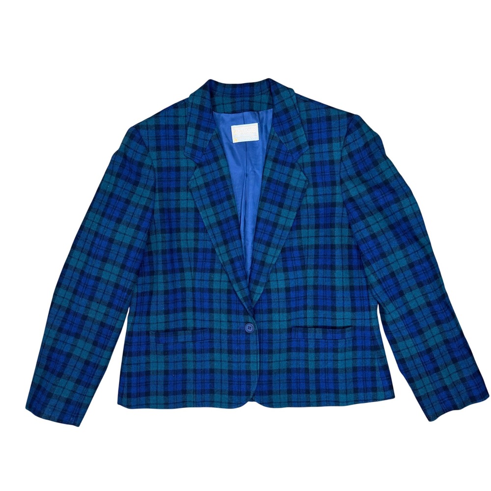 Pendleton Vintage 90s Dark Academia Women Blazer Plaid Blue Green Virgin Wool
